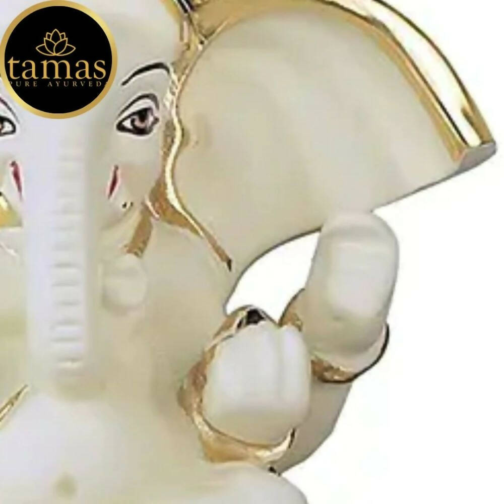 Tamas Gaj Karna Ganesh Idol | Off White & Gold | Brass Pooja Decor 