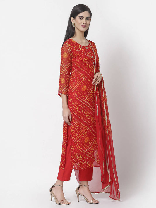 Myshka Women Red Georgette Printed 3/4 Sleeve Round Neck Kurta Pant Dupatta Set