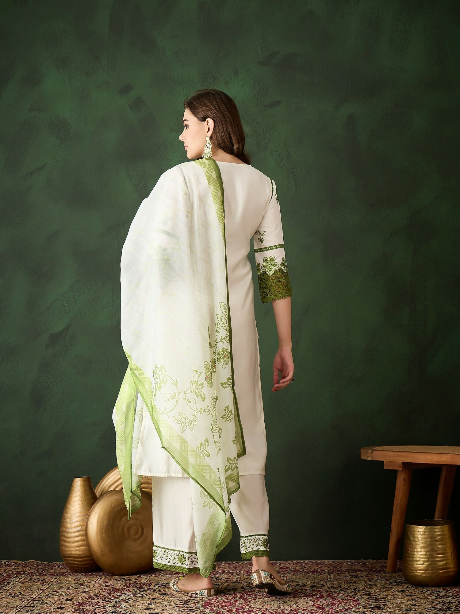 Green & White Roman Silk Embroidered Kurta With Trouser & Dupatta - Bhumi