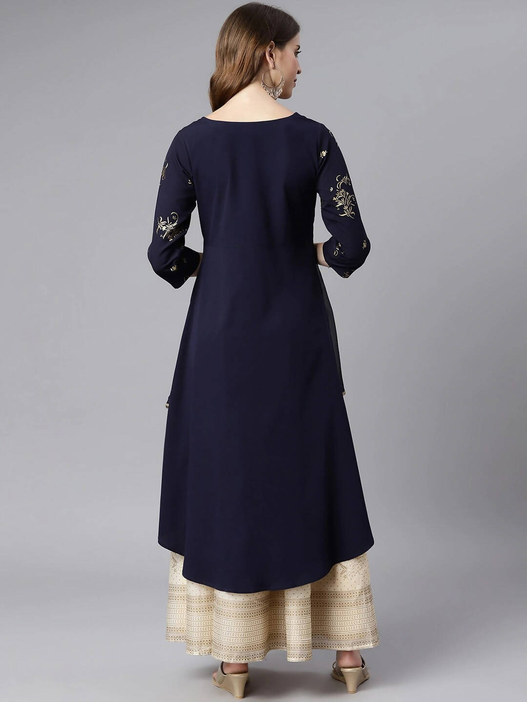 Janasya Women Navy Blue Quirky Embellished Crepe Anarkali Kurta