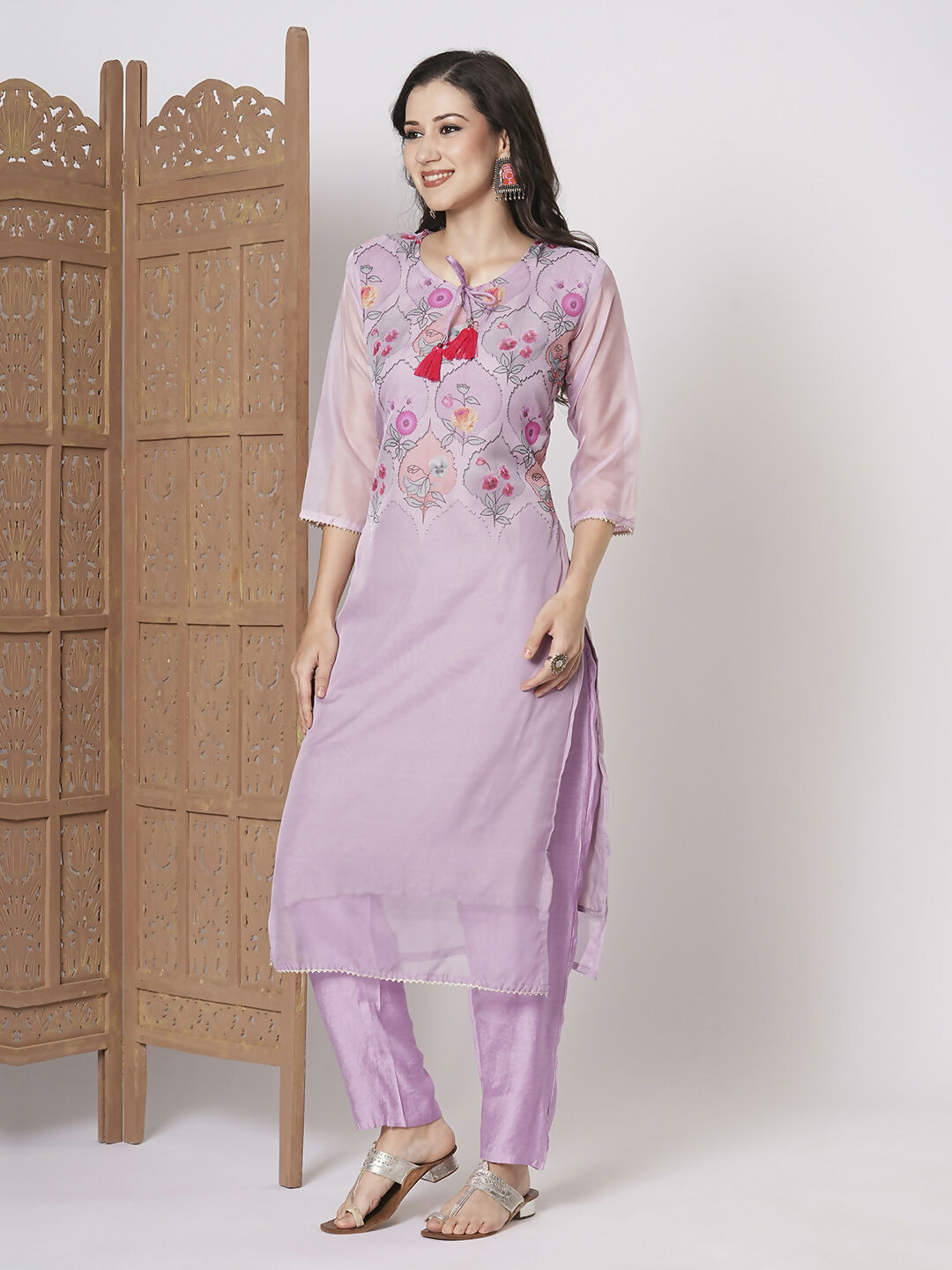 Purple Taby Silk Embroidery Work, Printed Kurta Set - Riya