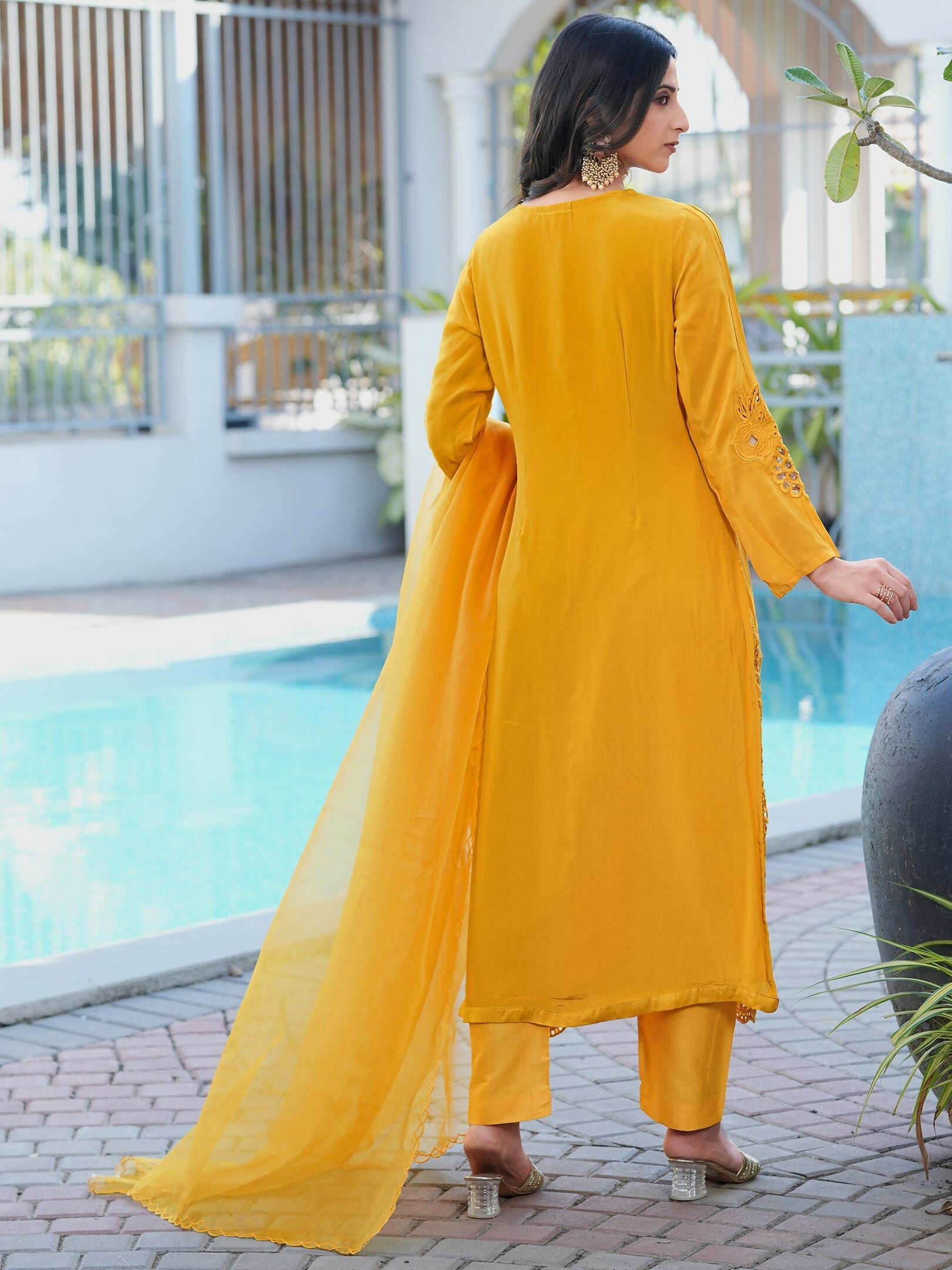 Nikhaar Yellow Embroidered Art Silk Stitched Straight Cut Kurta Pants Dupatta Readymade Suit