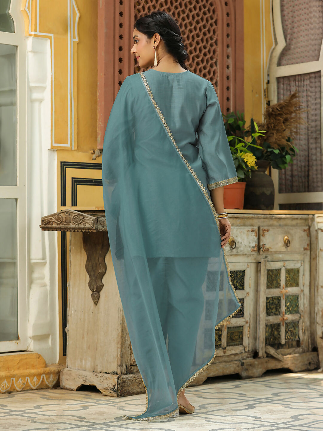 Janasya Light Blue Silk Blend Solid Kurta,Bottom & Dupatta 