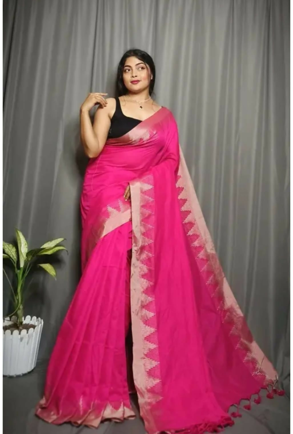 Exclusive Collection Beautiful Pink Pure Cotton Woven Handloom Grab2Buy With Running Blouse Piece 