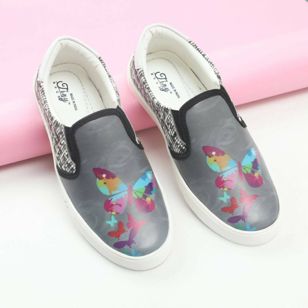 Tiny Bugs Girls Butterfly Print Slip Ons Sneakers - Dark Grey  Grab2Buy Tiny Bugs Grab2Buy