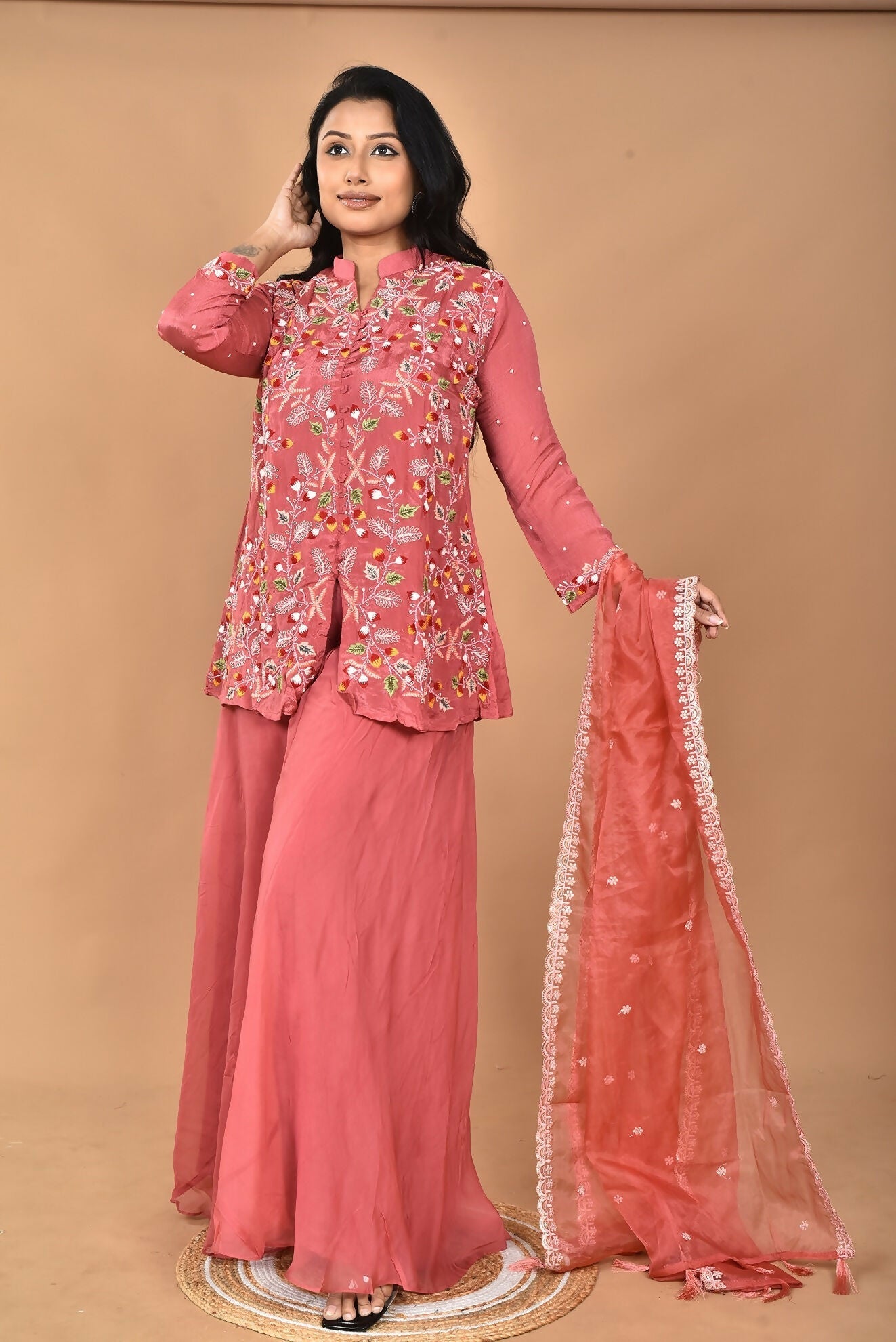 Morchari Women And Hand Embroidery Palazzo Set-Rust 