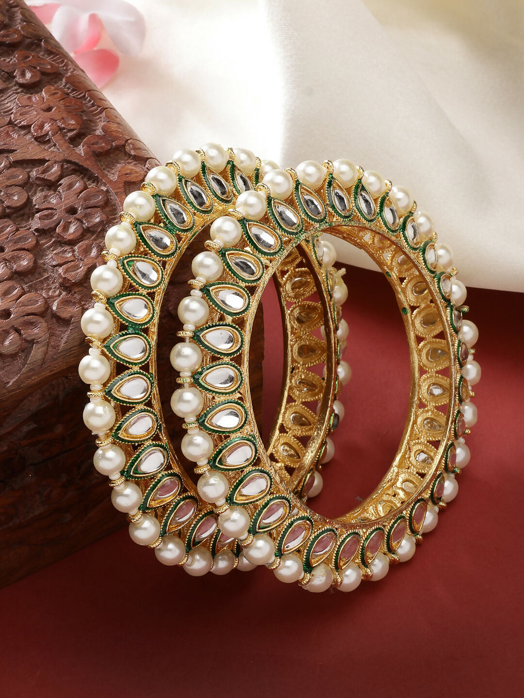 NVR Women's Set Of 2 Gold-Polished Kundan-Studded & Pearls-Beaded Bangles | Grab2Buy