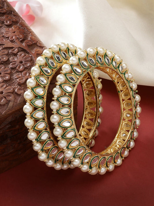 NVR Women's Set Of 2 Gold-Polished Kundan-Studded & Pearls-Beaded Bangles | Grab2Buy