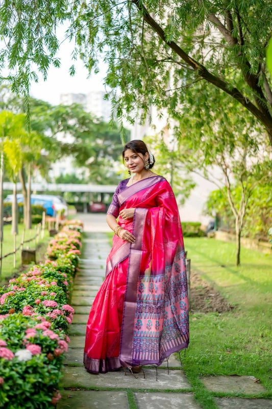 Aastha Fashion Rani Pink Woven Soft Silk Saree with Blouse - Grab2buy