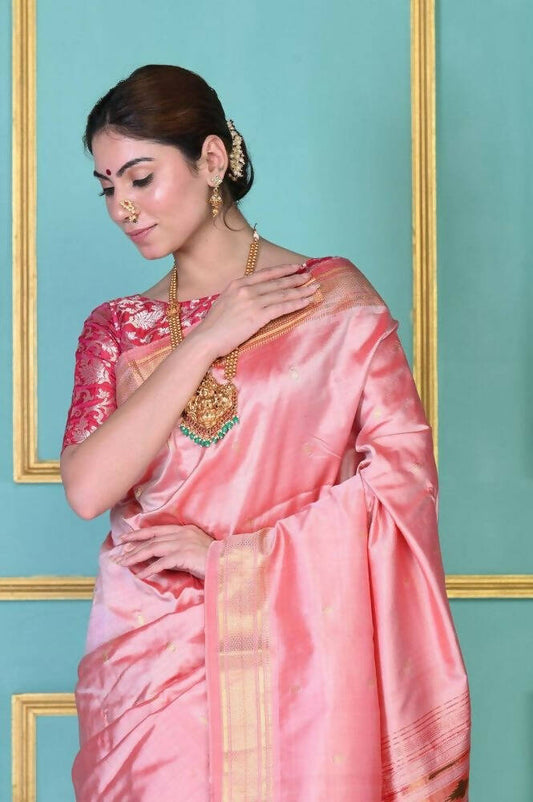 Very Much Indian Traditional Pretty Peach Pure Silk Double Pallu Paithani With Designer Peacocks Pallu - Grab2buy