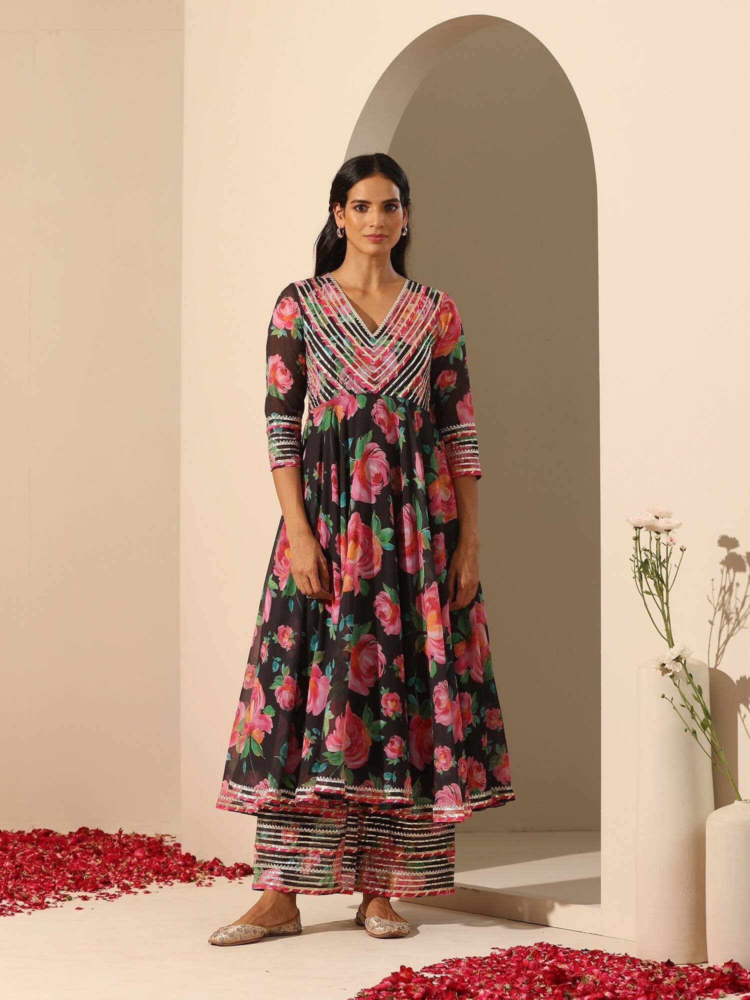 Pomcha Jaipur Black Gul Gulab Anarkali Set 