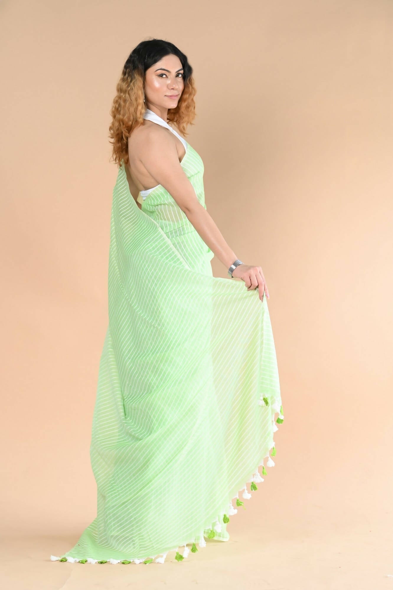 Very Much Indian Designer Pure Cotton Saree With All Over Linear Stripes - Fern Green - Grab2buy