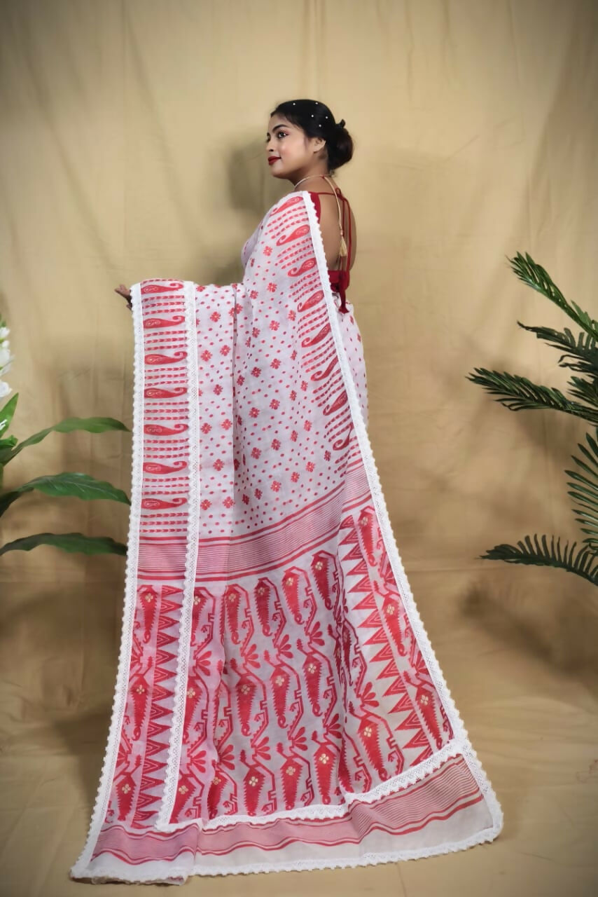 Exclusive Collection Beautiful White Red Jaal Jamdani Grab2Buy 