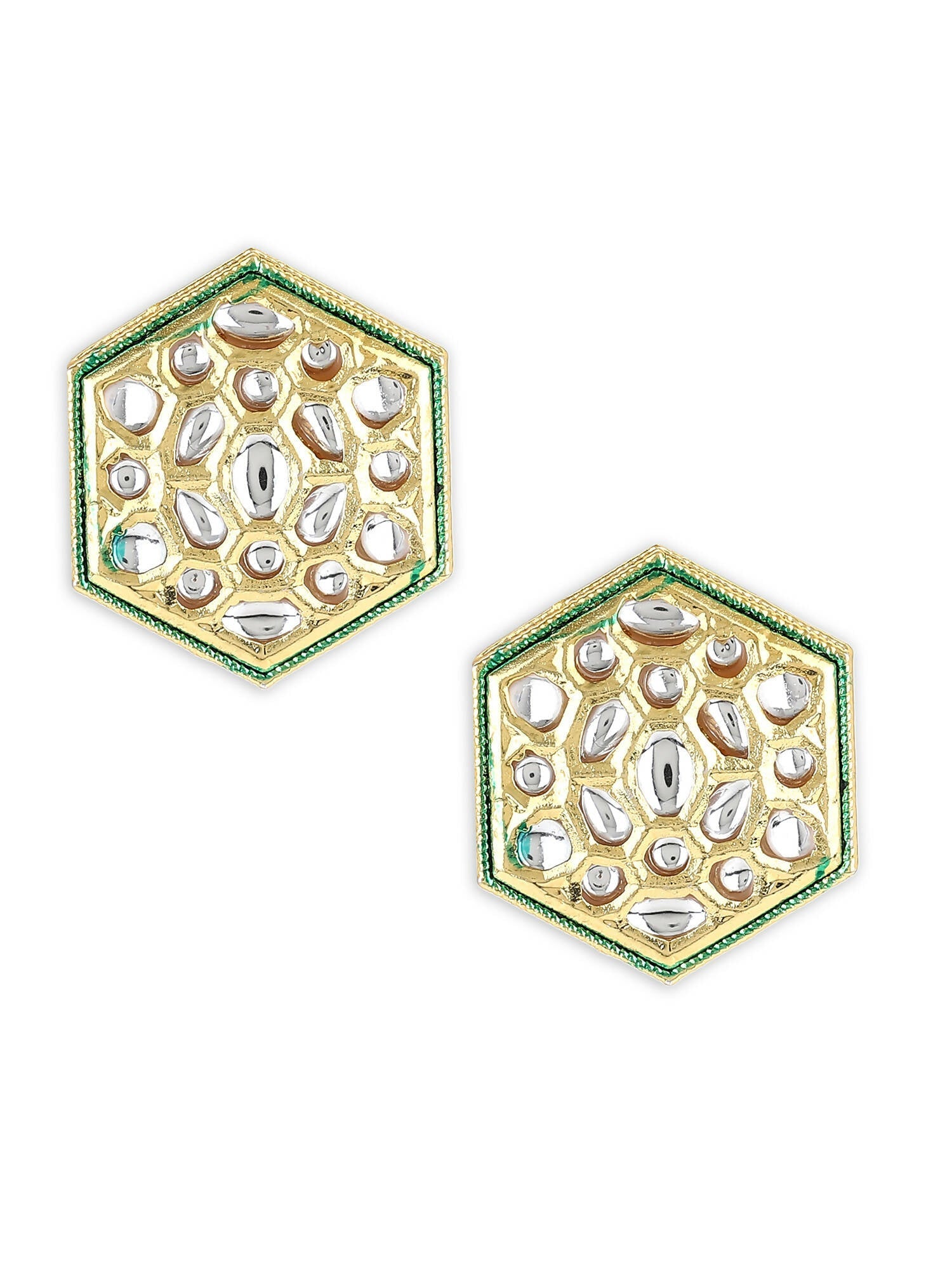 Gold-Toned White Kundan Contemporary Gold-Plated Studs Earrings - Ruby Raang - Grab2buy