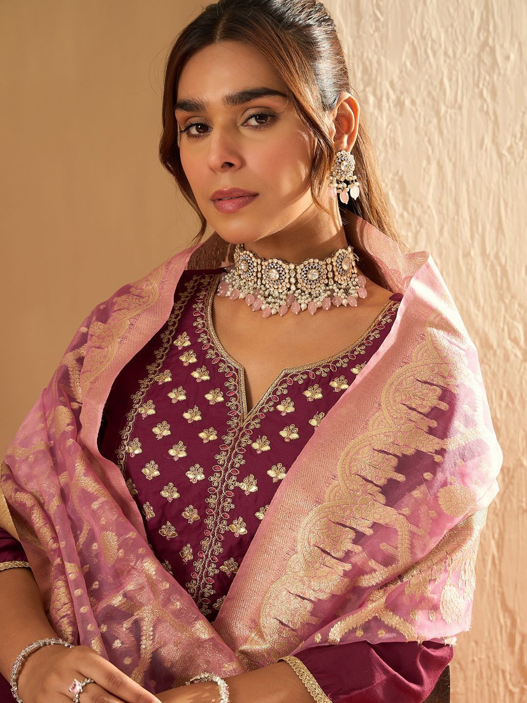 Indo Era Ethnic Motifs Yoke Design Straight Gotta Patti Liva Kurta with Trousers & Dupatta