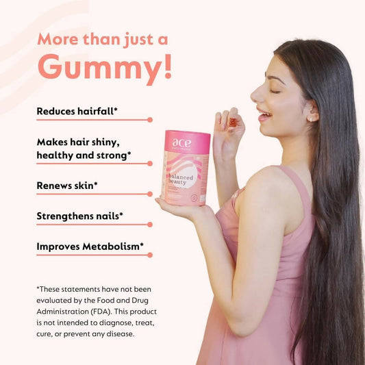 Ace Nutrimony Biotin Balanced Beauty Hair Gummies for Skin and Nails with Clinically Proven Keranat, Biotin - Strawberry - Grab2buy