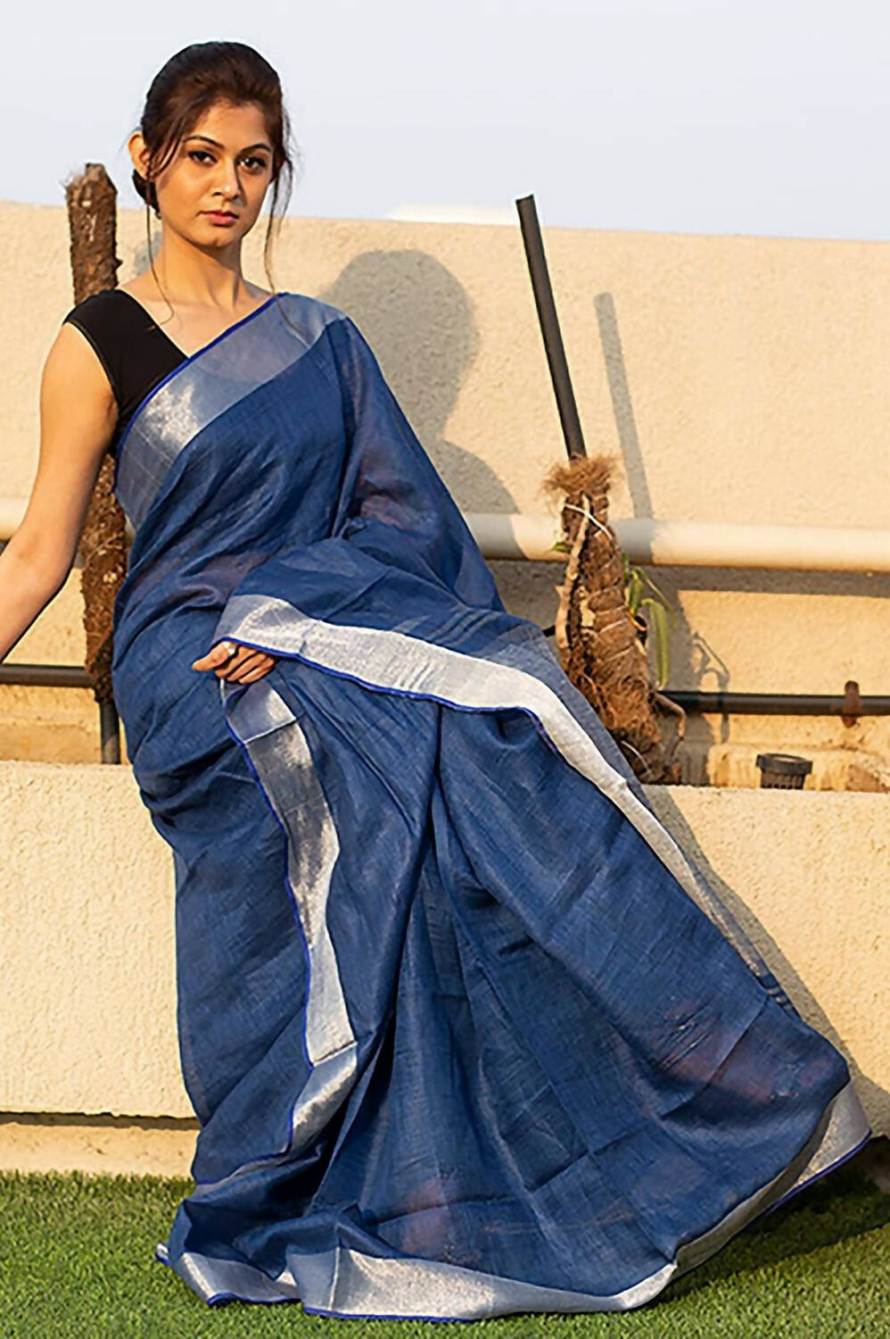 Very Much Indian Pure Linen Saree With Sleek Border And Exclusive Design - Blue - Grab2buy