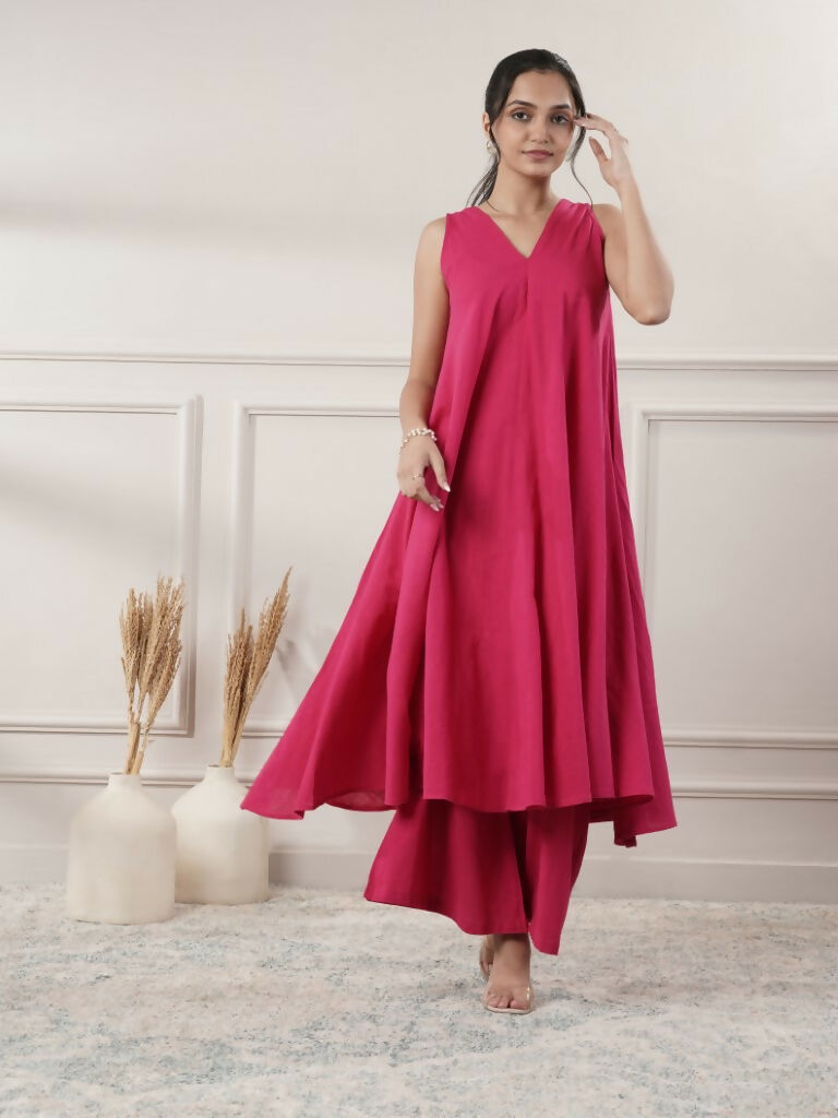 Joban Fashion Women's Fuchsia Cotton A-Line Midi Dress With Pants