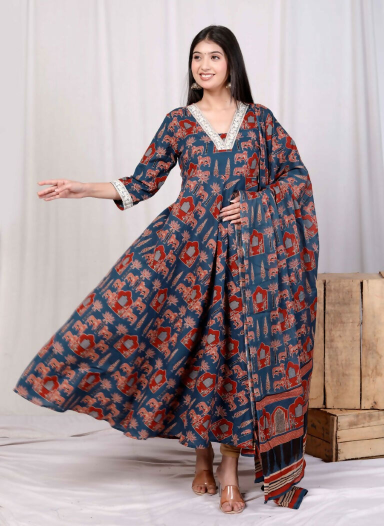 Miravan Women's Pure Cotton Blue Zari Lace Anarkali Kurta with Printed Dupatta Set