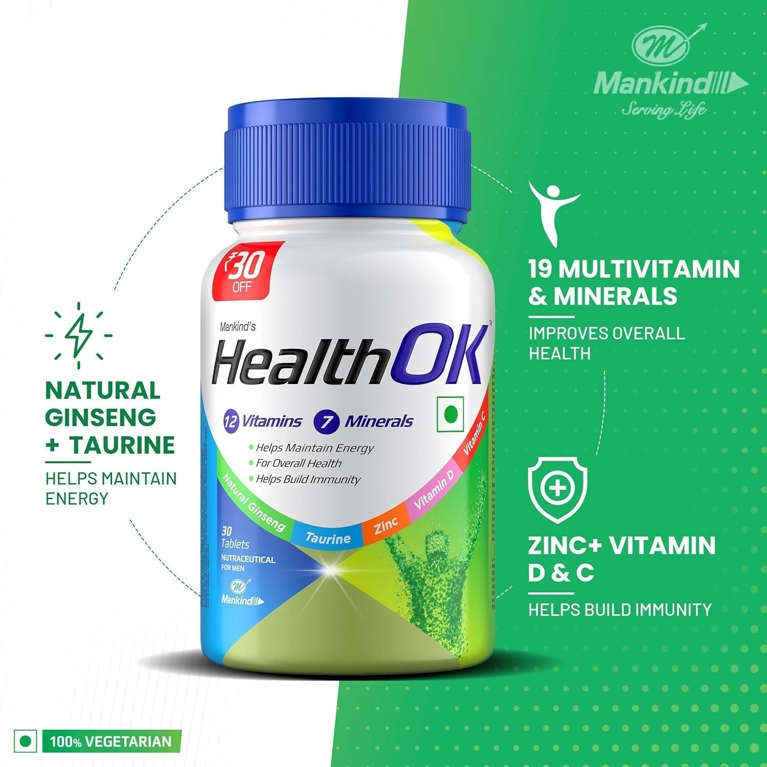 Health OK Multivitamin Tablets For Daily Energy, Vitamin D, C & Overall Health Genie India