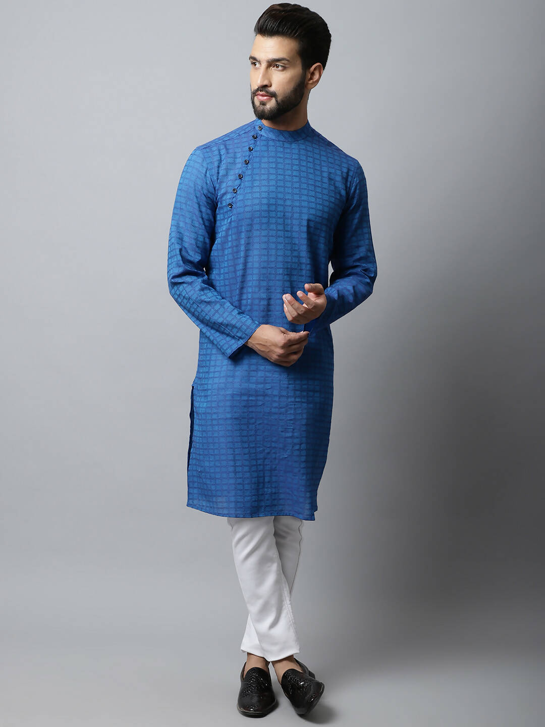 Even Apparels Blue Color Pure Cotton Men's Kurta With Band Collar (CHK1198) 