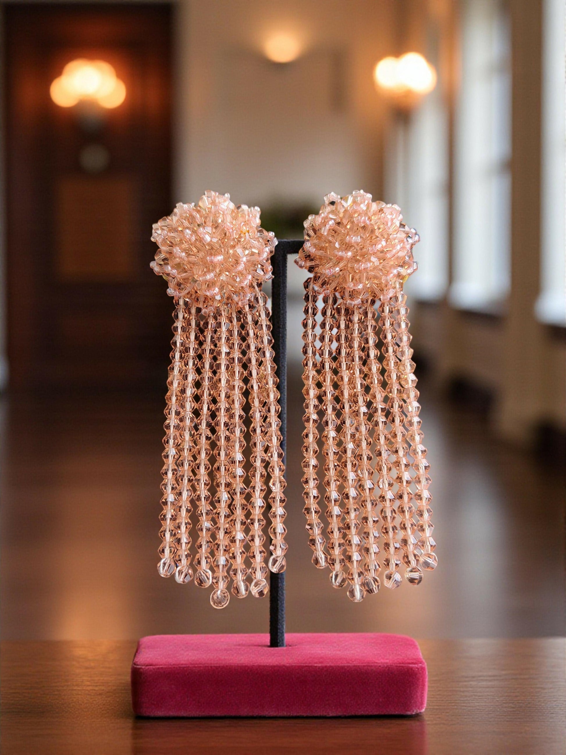Inhanns Handmade Crystal Waterfall Earrings - Long - Peach Big