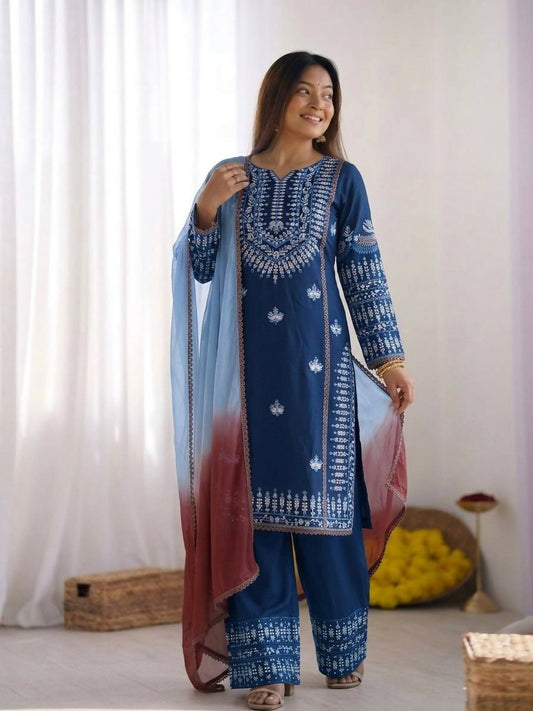 Teeya Creation Womens Trendy Stylish Embroidery Thread Work Blue Kurta Set