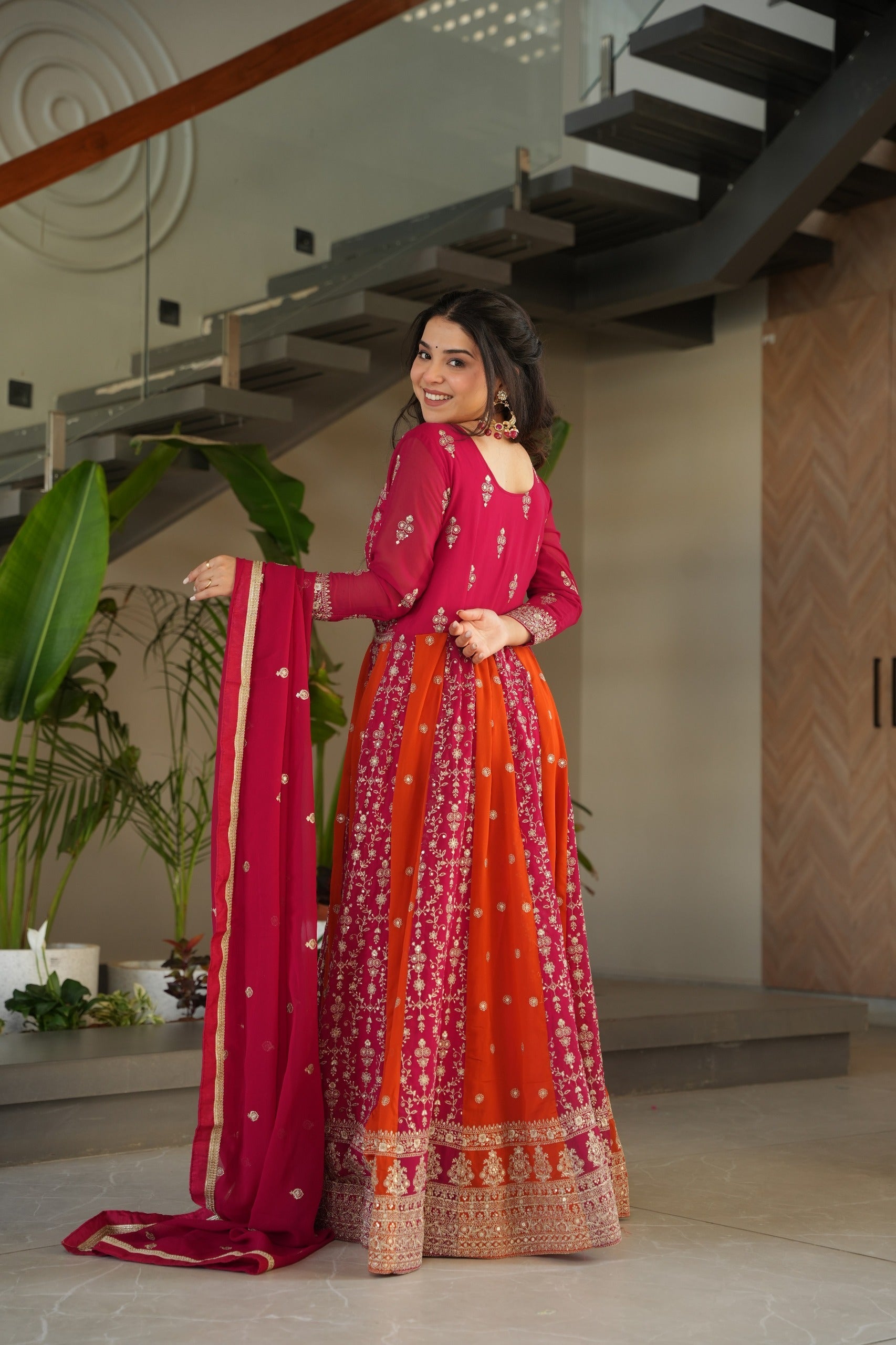 Evanik Rani Pink Faux Georgette With Zari & Sequins Embroidered work Wedding Gown