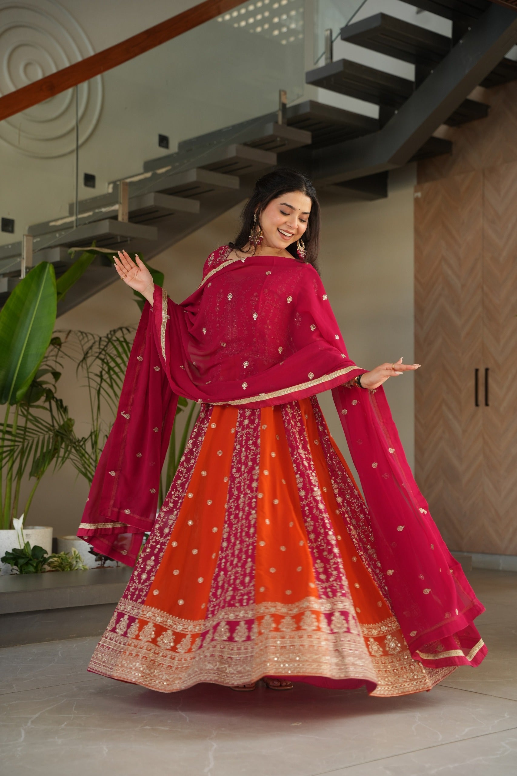 Evanik Rani Pink Faux Georgette With Zari & Sequins Embroidered work Wedding Gown