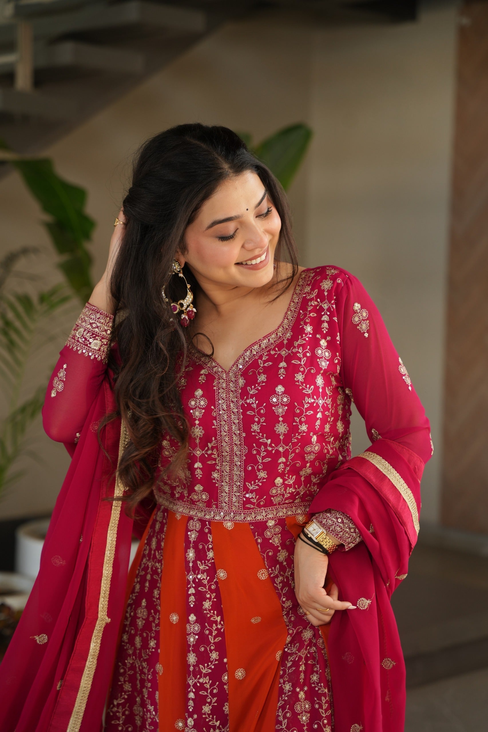 Evanik Rani Pink Faux Georgette With Zari & Sequins Embroidered work Wedding Gown