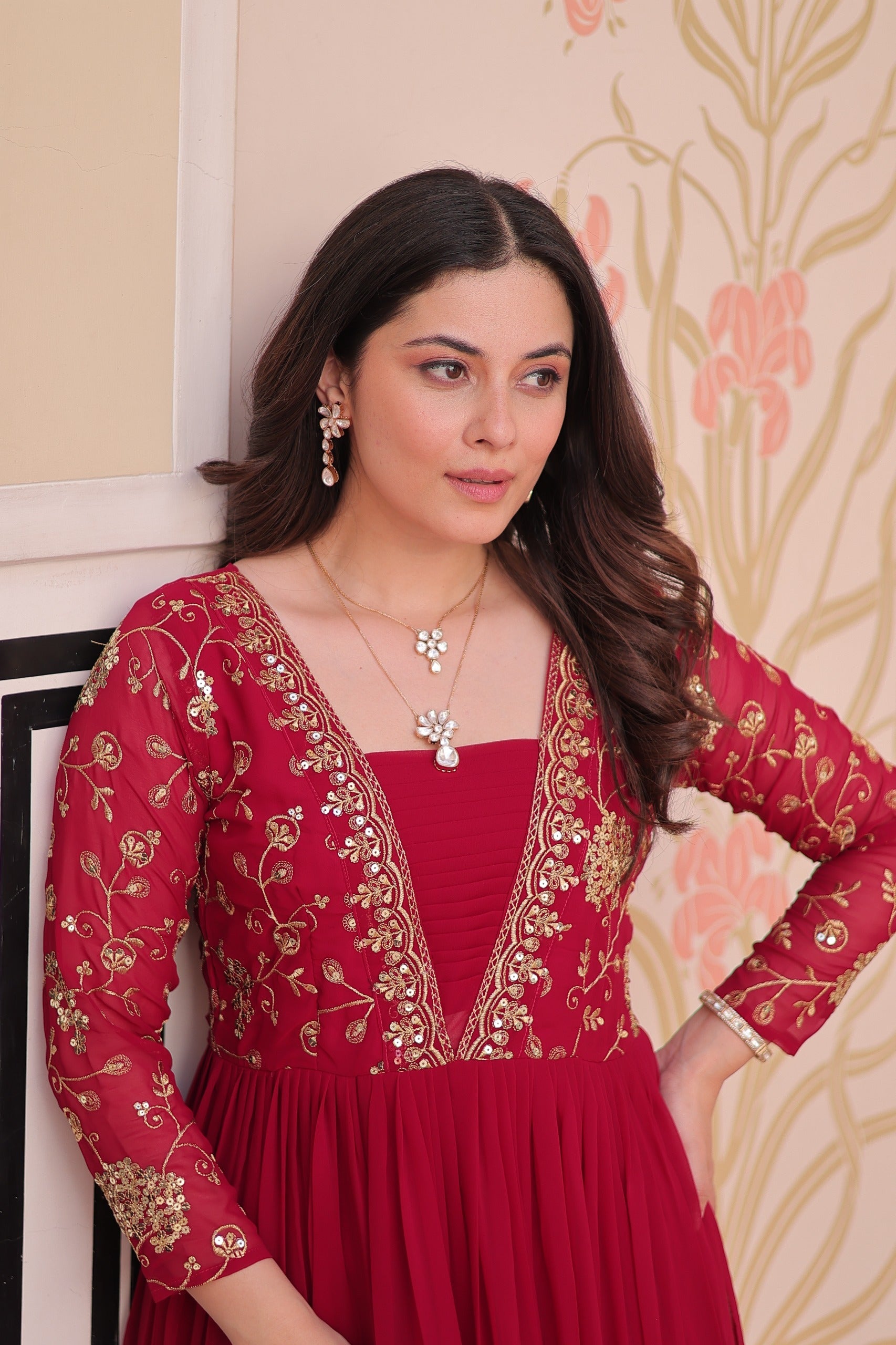 Evanik Rani Pink Faux Blooming With Sequins & Zari Embroidered work Gown