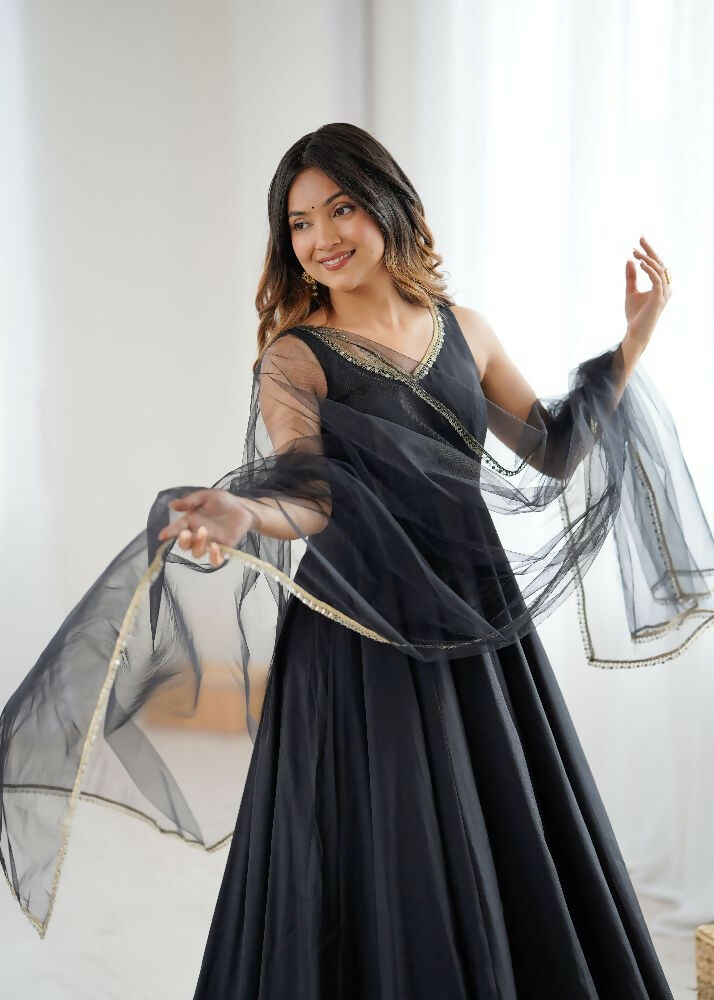 Joban Fashion Black Kurta Set Chanderi Sequence Embroidery Work 