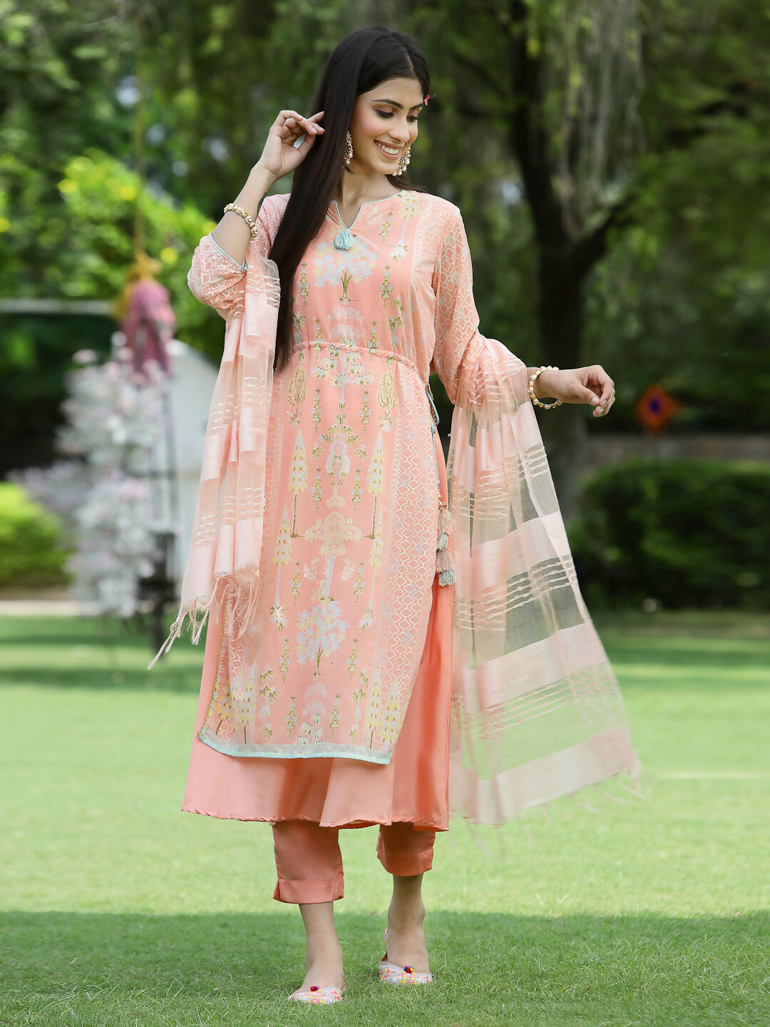 Juniper Orange Ethnic Motif Printed Georgette Kurta Pants & Dupatta Set With Tassels & Lace