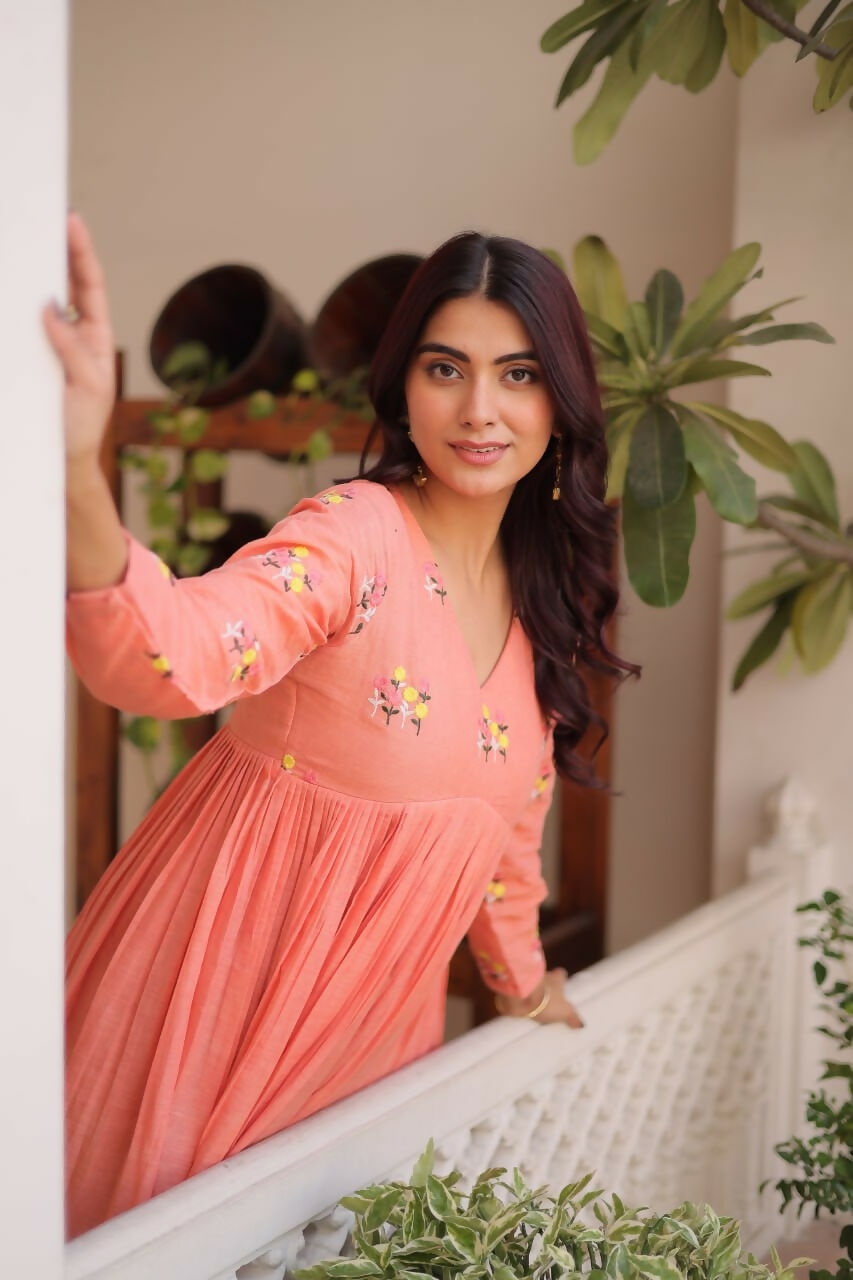 Teeya Creation Womens New Summer Wear Cotton Fabric With Embroidered Work Gown Set