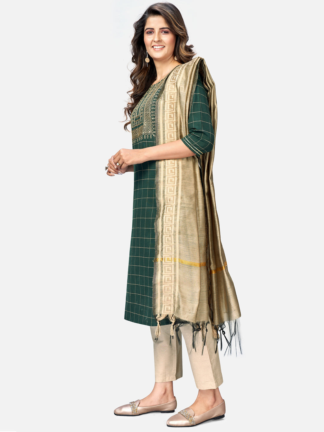 NOZ2TOZ Women Green Cotton Kurta With Pant & Dupatta (3Pcs Set) 