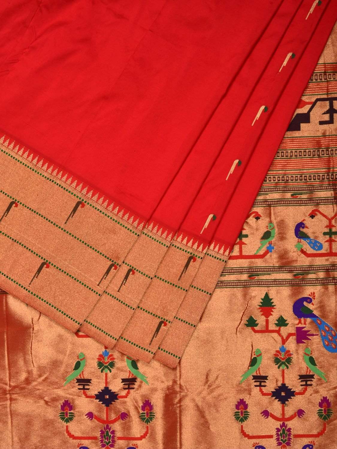 Red Paithani Silk Handloom Grab2Buy with Triple Muniya Border Grab2Buy - Global Threads 