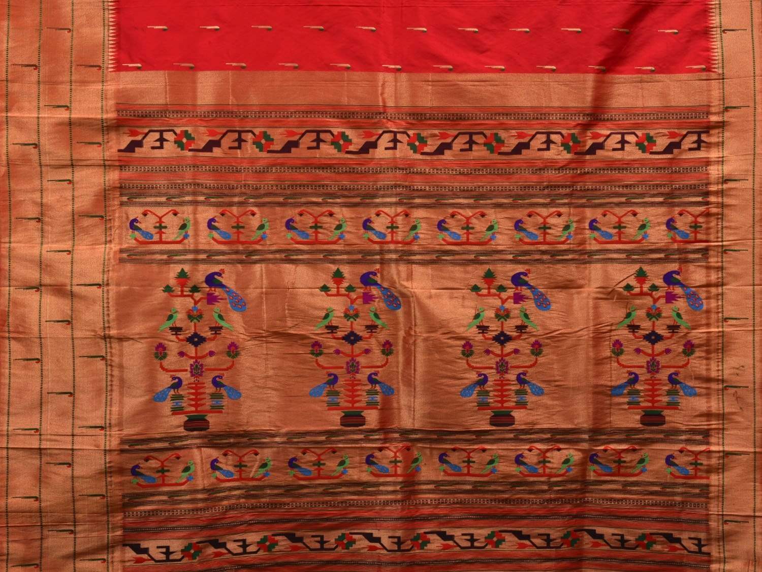 Red Paithani Silk Handloom Grab2Buy with Triple Muniya Border Grab2Buy - Global Threads 