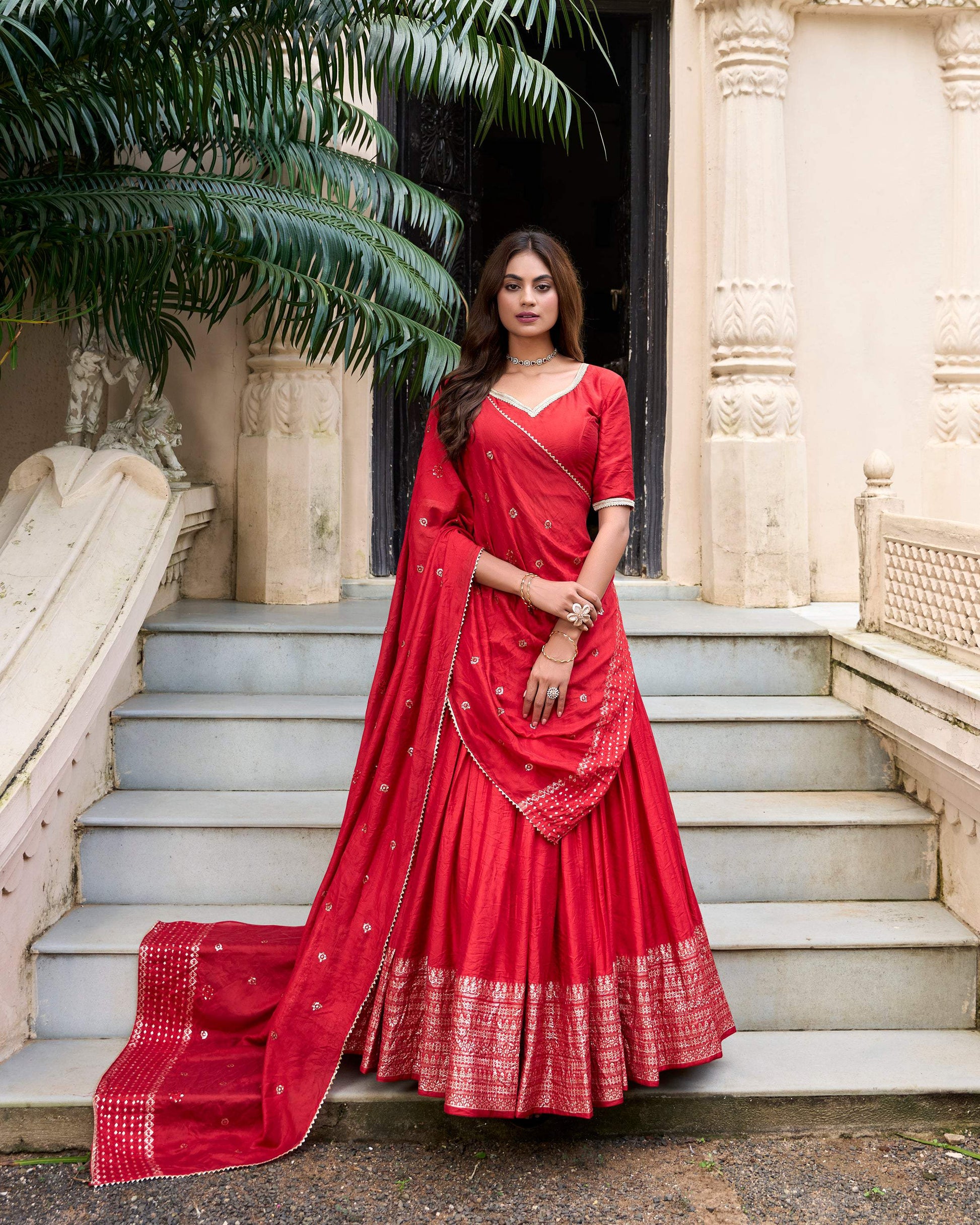 Evanik Women Pure Chanderi Plain With Zari Weaving Work Border Stitched Lehenga With Unstitched Blouse Dupatta(Up to 42)