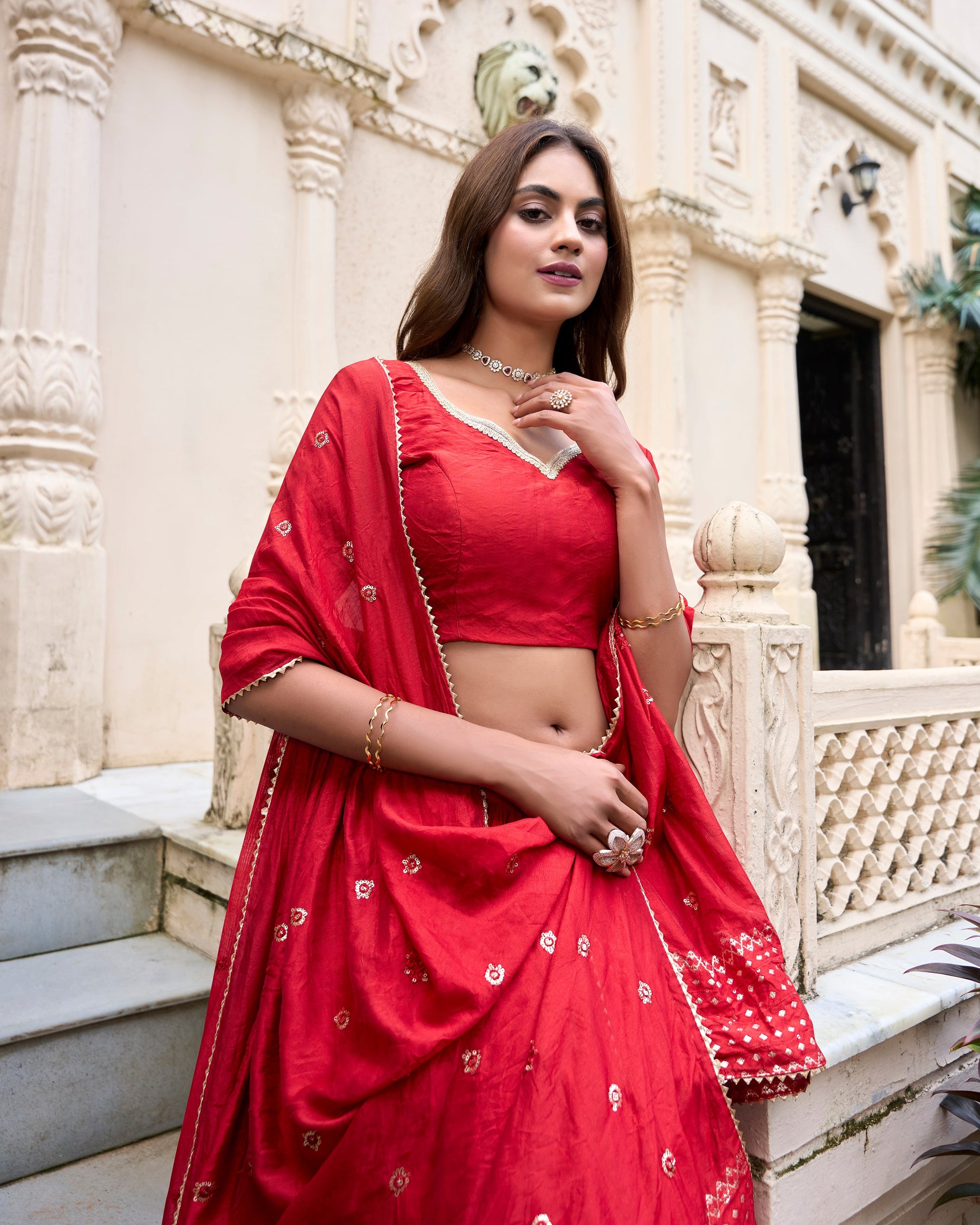 Evanik Women Pure Chanderi Plain With Zari Weaving Work Border Stitched Lehenga With Unstitched Blouse Dupatta(Up to 42)