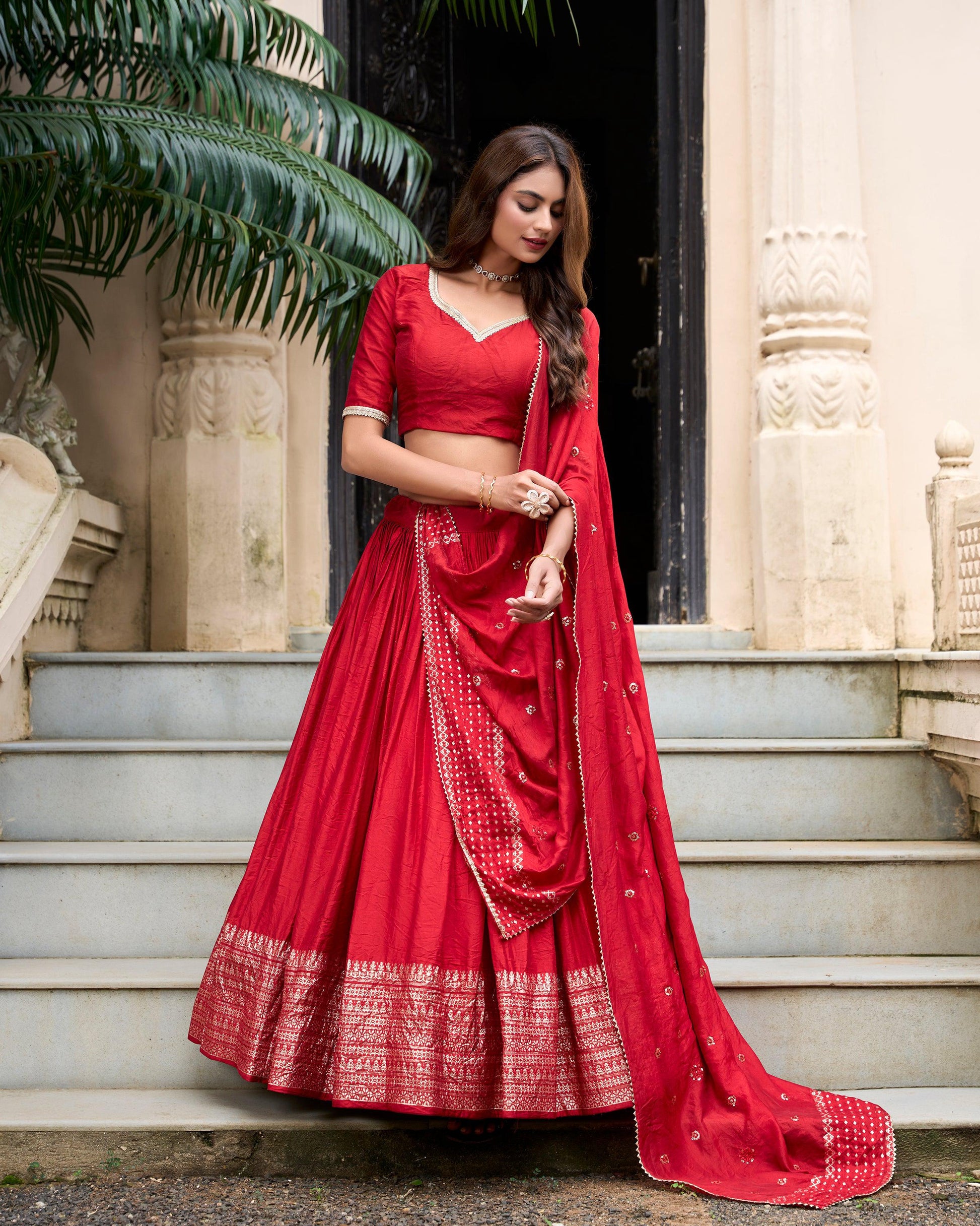 Evanik Women Pure Chanderi Plain With Zari Weaving Work Border Stitched Lehenga With Unstitched Blouse Dupatta(Up to 42)