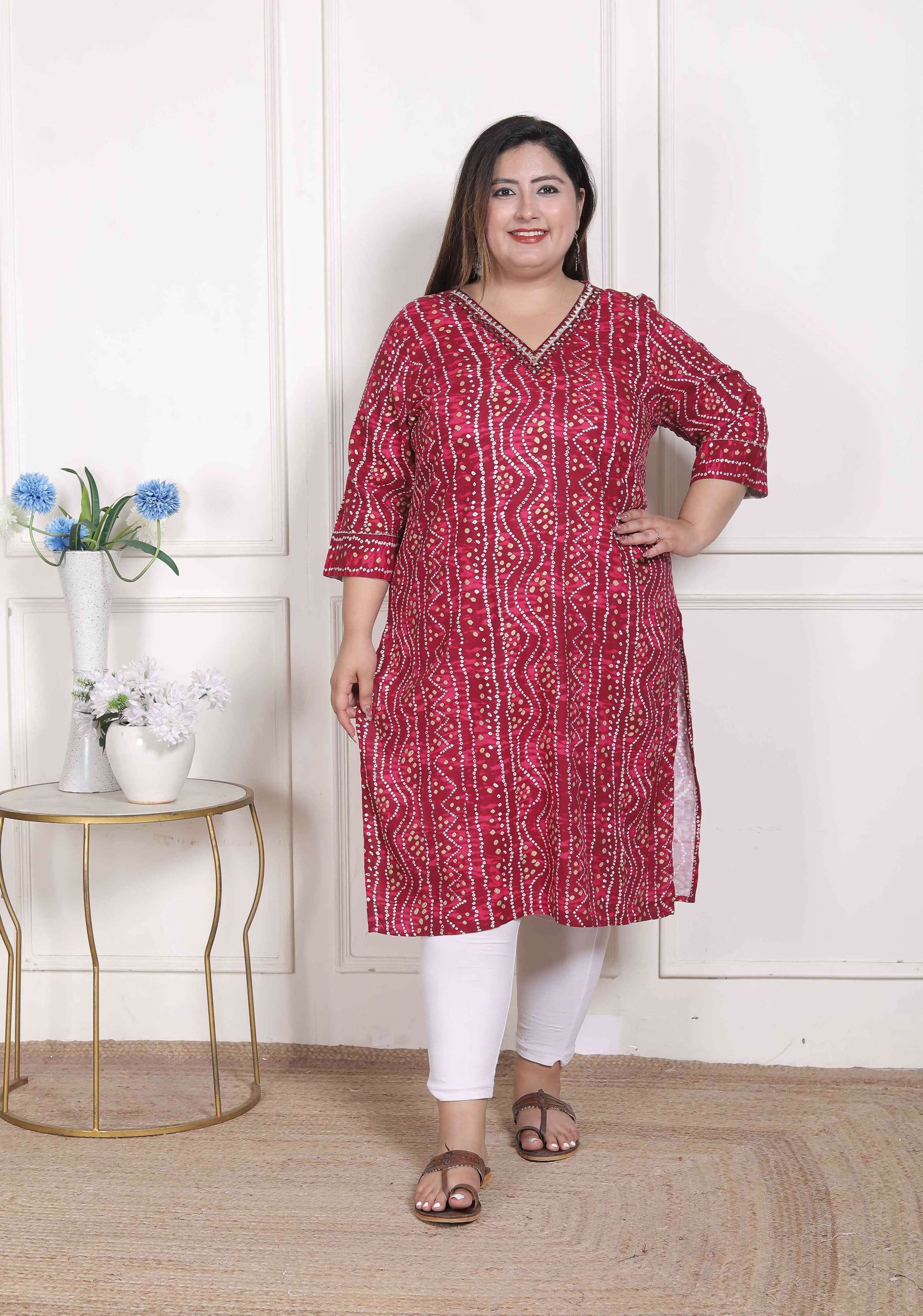 Miravan Women's Plus Size Bandhej Printed Rayon Kurta Magenta | Grab2Buy