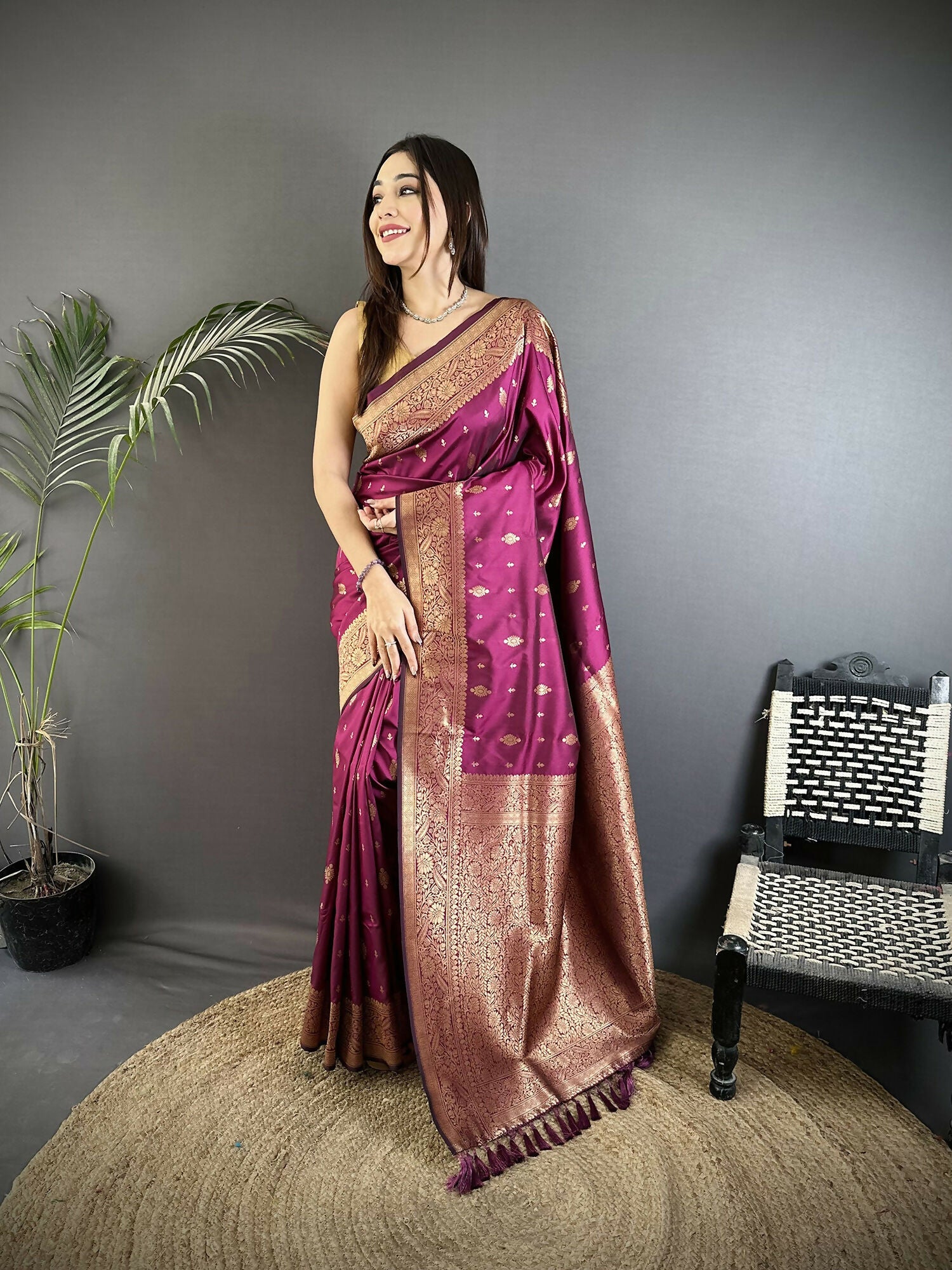Joban Fashion Magenta Zari Weaving Motif Lichi Silk Banarasi Silk Saree
