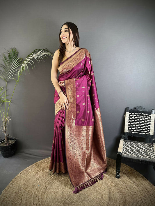 Joban Fashion Magenta Zari Weaving Motif Lichi Silk Banarasi Silk Saree