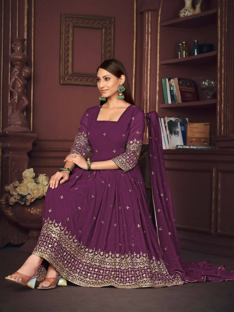 Jyoti Fashion Women's Purple Georgette Embroidered Anarkali Kurta Pant Set With Dupatta