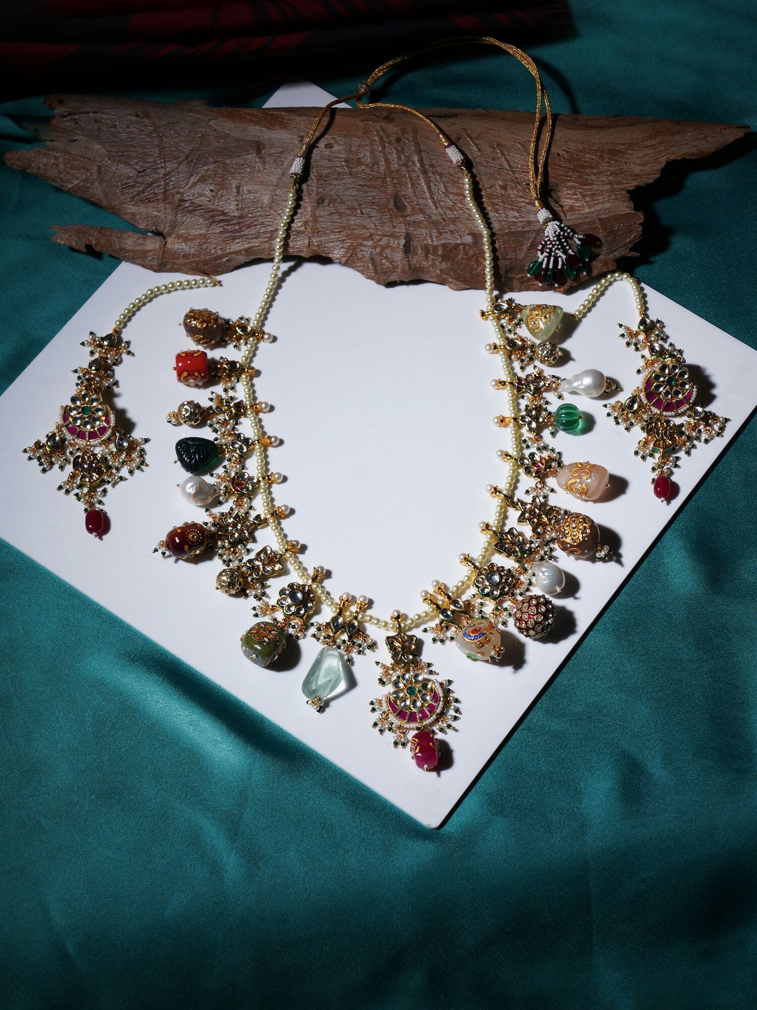 Long Kundan Neckpiece with Earrings with Multi Stones Jewellery Set (Gold) - Ruby Raang - Grab2buy