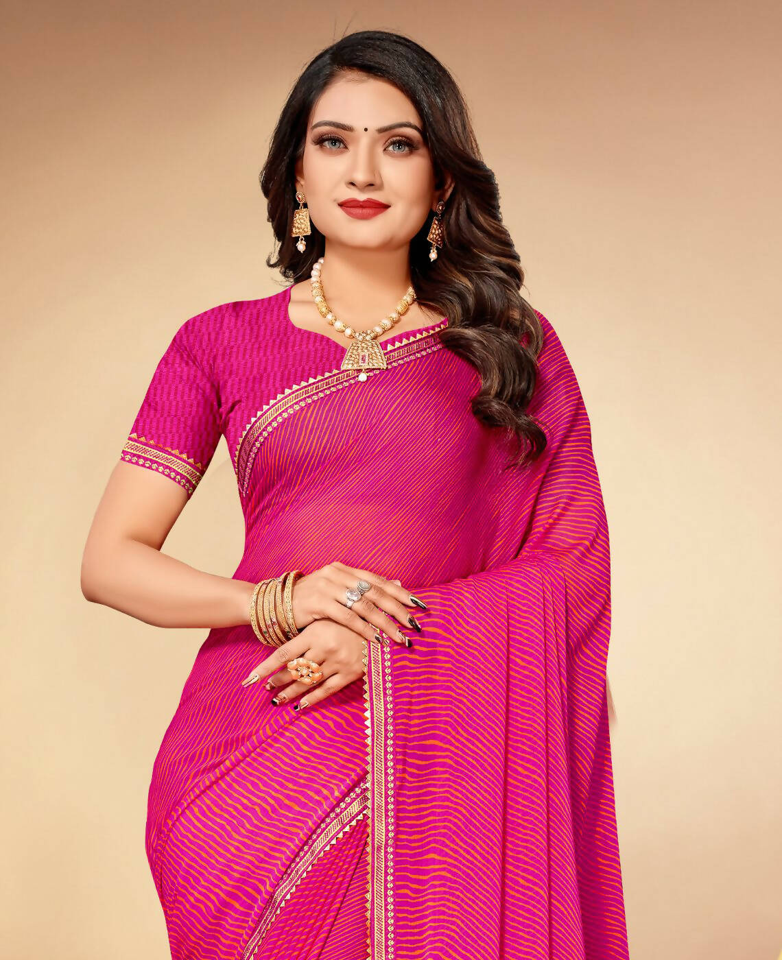 Pink Chiffon Leheriya Printed Saree With Unstitched Blouse Piece - Swarna