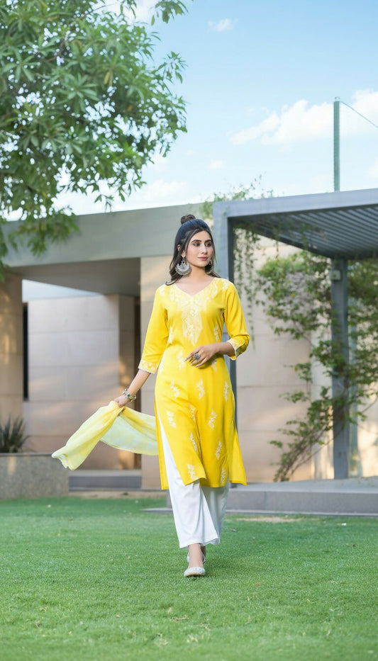 BulBul Pooja Yellow Rayon Kurta Set with Dupatta 