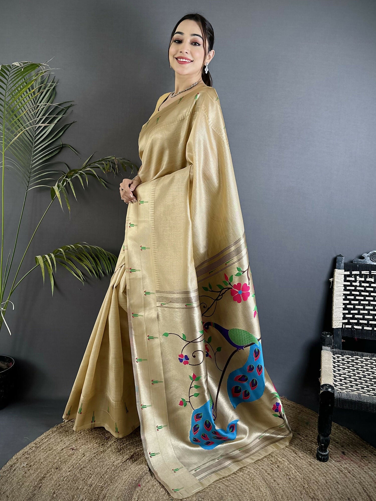 Joban Fashion Ivory Peacock & Floral Motifs Tissue Paithani Saree