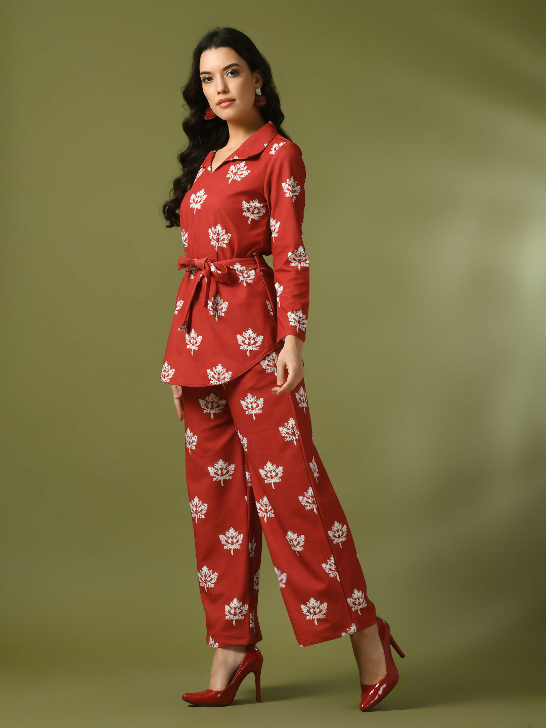 Myshka Women's Rust Printed Polo Collar Party Top With Trousers Co-ord set 