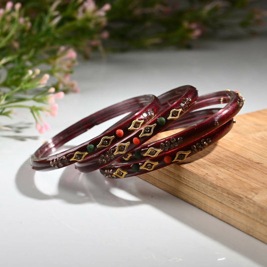 Afast Designer Fancy Party Bangle/ Kada Set, Maroon, Glass, Pack Of 4 - Grab2buy